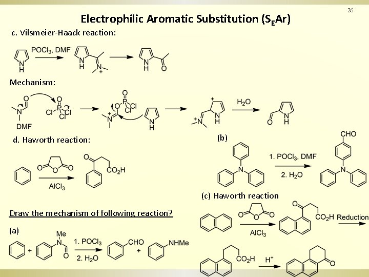 Electrophilic Aromatic Substitution (SEAr) c. Vilsmeier-Haack reaction: Mechanism: d. Haworth reaction: (b) (c) Haworth