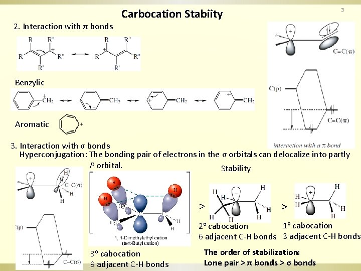 2. Interaction with π bonds Carbocation Stabiity 3 Benzylic Aromatic 3. Interaction with σ