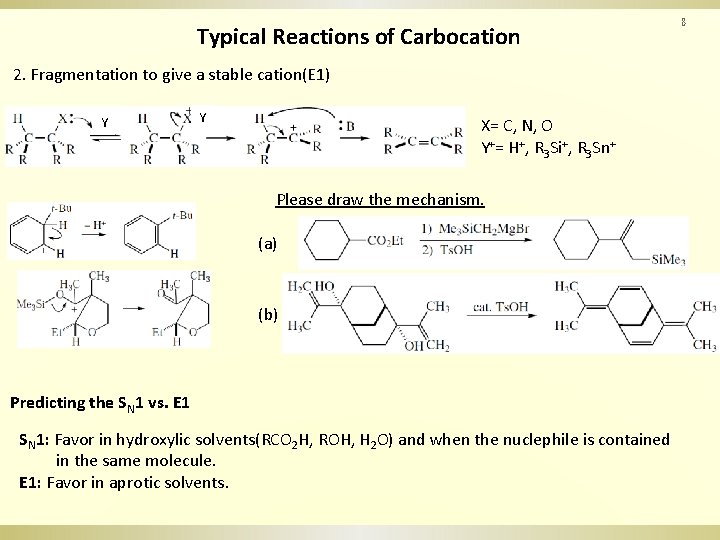 Typical Reactions of Carbocation 2. Fragmentation to give a stable cation(E 1) Y Y