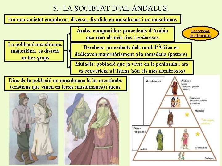 5. - LA SOCIETAT D’AL-ÀNDALUS. Era una societat complexa i diversa, dividida en musulmans