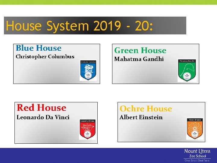 House System 2019 - 20: Blue House Christopher Columbus Green House Mahatma Gandhi Red