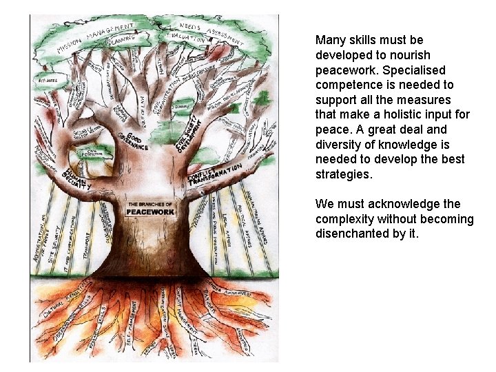 Many skills must be developed to nourish peacework. Specialised competence is needed to support