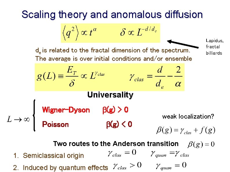 Scaling theory and anomalous diffusion de is related to the fractal dimension of the