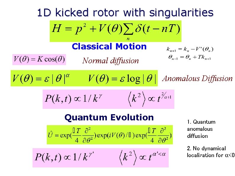 1 D kicked rotor with singularities Classical Motion Normal diffusion Anomalous Diffusion Quantum Evolution
