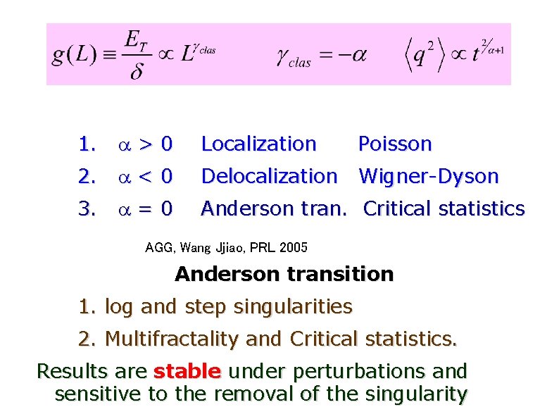 1. >0 Localization Poisson 2. <0 Delocalization Wigner-Dyson 3. =0 Anderson tran. Critical statistics