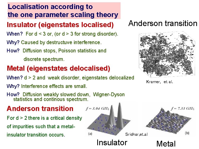 Localisation according to the one parameter scaling theory Insulator (eigenstates localised) Anderson transition When?