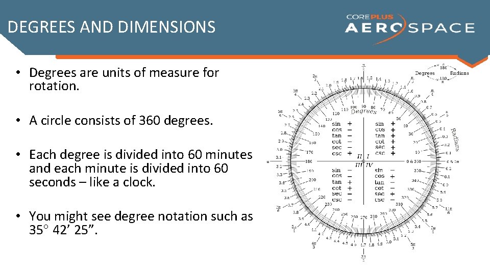 DEGREES AND DIMENSIONS • Degrees are units of measure for rotation. • A circle DEGREES AND DIMENSIONS • Degrees are units of measure for rotation. • A circle