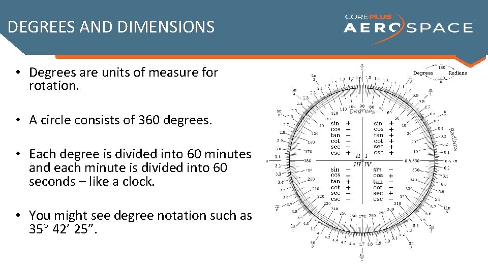 DEGREES AND DIMENSIONS • Degrees are units of measure for rotation. • A circle