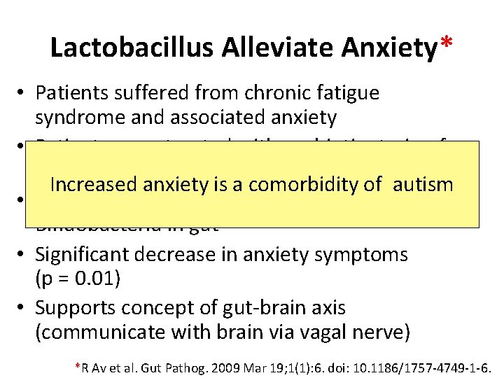 Lactobacillus Alleviate Anxiety* • Patients suffered from chronic fatigue syndrome and associated anxiety •