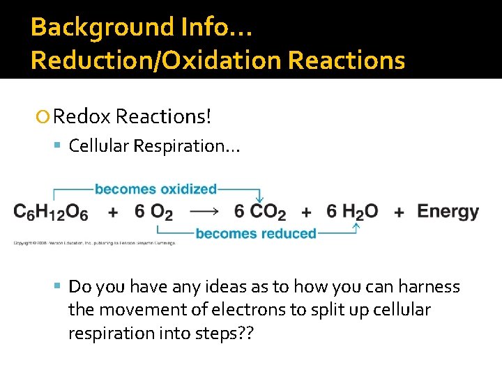 Background Info… Reduction/Oxidation Reactions Redox Reactions! Cellular Respiration… Do you have any ideas as