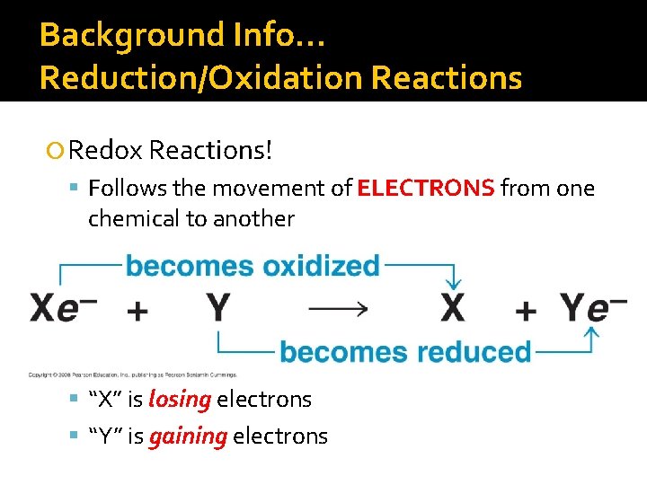 Background Info… Reduction/Oxidation Reactions Redox Reactions! Follows the movement of ELECTRONS from one chemical