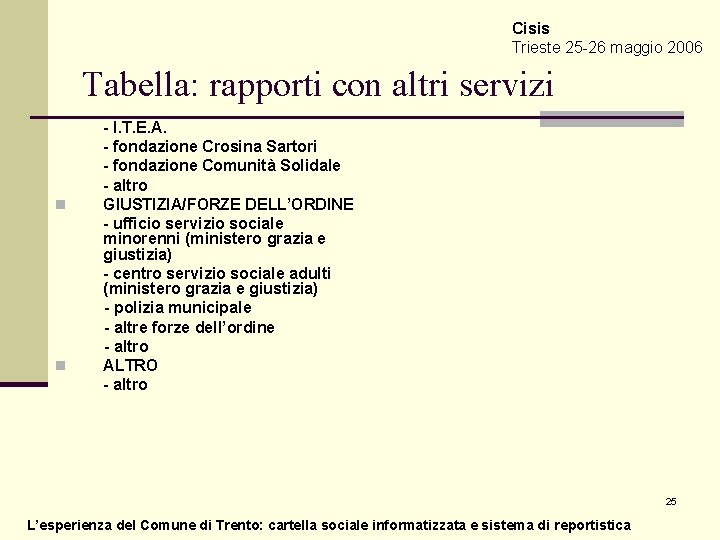 Cisis Trieste 25 -26 maggio 2006 Tabella: rapporti con altri servizi n n -