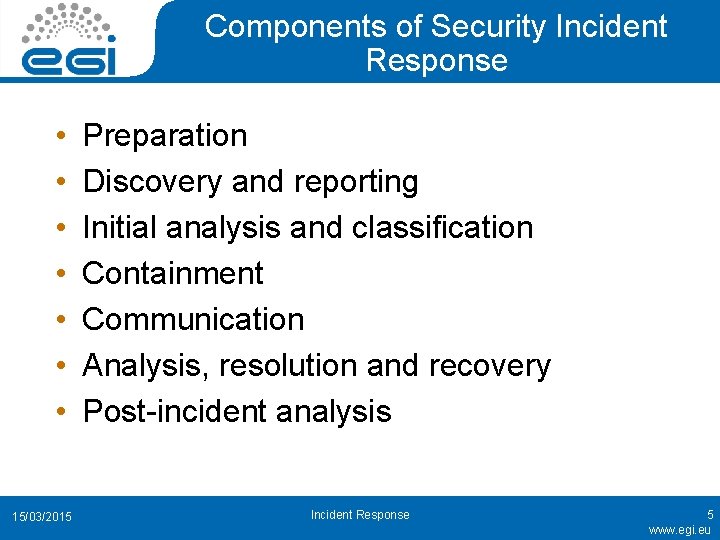 Components of Security Incident Response • • 15/03/2015 Preparation Discovery and reporting Initial analysis