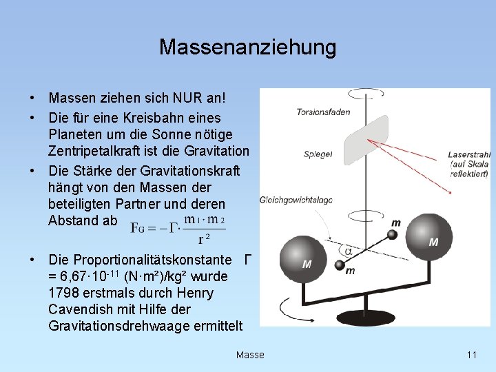 Massenanziehung • Massen ziehen sich NUR an! • Die für eine Kreisbahn eines Planeten