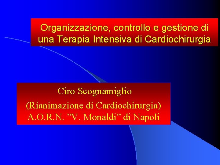 Organizzazione, controllo e gestione di una Terapia Intensiva di Cardiochirurgia Ciro Scognamiglio (Rianimazione di