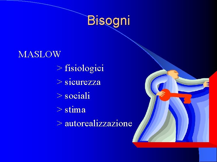 Bisogni MASLOW > fisiologici > sicurezza > sociali > stima > autorealizzazione 