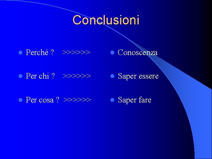 Conclusioni l Perché ? >>>>>> l Conoscenza l Per chi ? >>>>>> l Saper