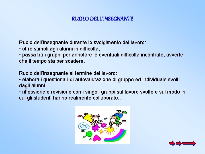 RUOLO DELL’INSEGNANTE Ruolo dell’insegnante durante lo svolgimento del lavoro: • offre stimoli agli alunni