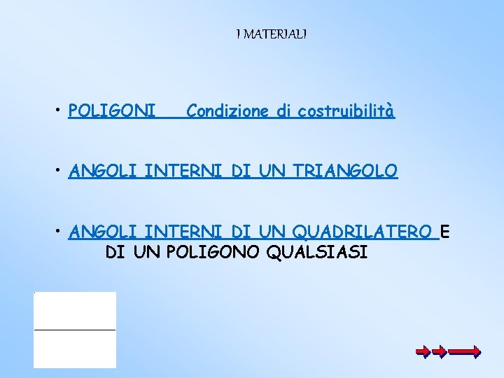 I MATERIALI • POLIGONI Condizione di costruibilità • ANGOLI INTERNI DI UN TRIANGOLO •