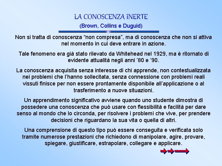 LA CONOSCENZA INERTE (Brown, Collins e Duguid) Non si tratta di conoscenza “non compresa”,