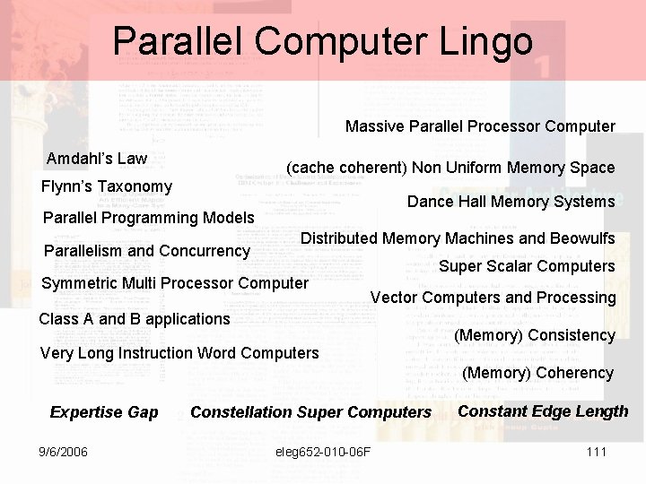 Parallel Computer Lingo Massive Parallel Processor Computer Amdahl’s Law (cache coherent) Non Uniform Memory