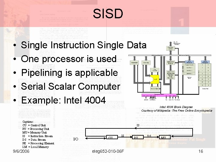 SISD • • • Single Instruction Single Data One processor is used Pipelining is