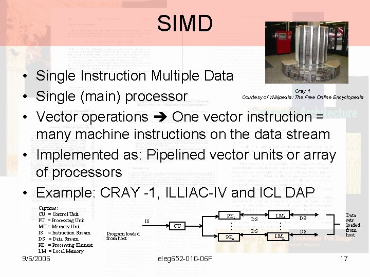 SIMD • Single Instruction Multiple Data • Single (main) processor • Vector operations One