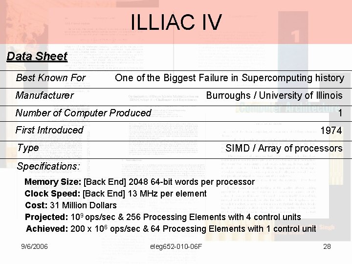 ILLIAC IV Data Sheet Best Known For One of the Biggest Failure in Supercomputing