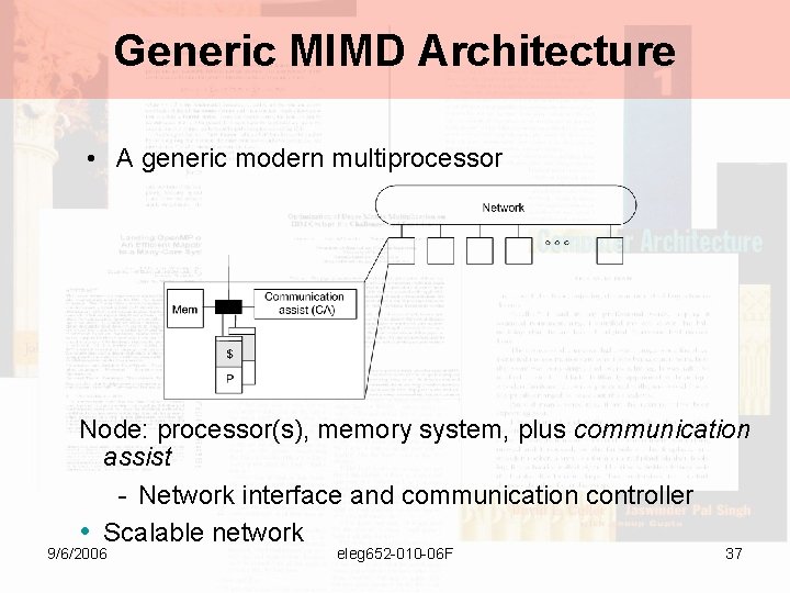 Generic MIMD Architecture • A generic modern multiprocessor Node: processor(s), memory system, plus communication
