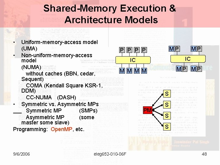 Shared-Memory Execution & Architecture Models • Uniform-memory-access model (UMA) • Non-uniform-memory-access model (NUMA) without