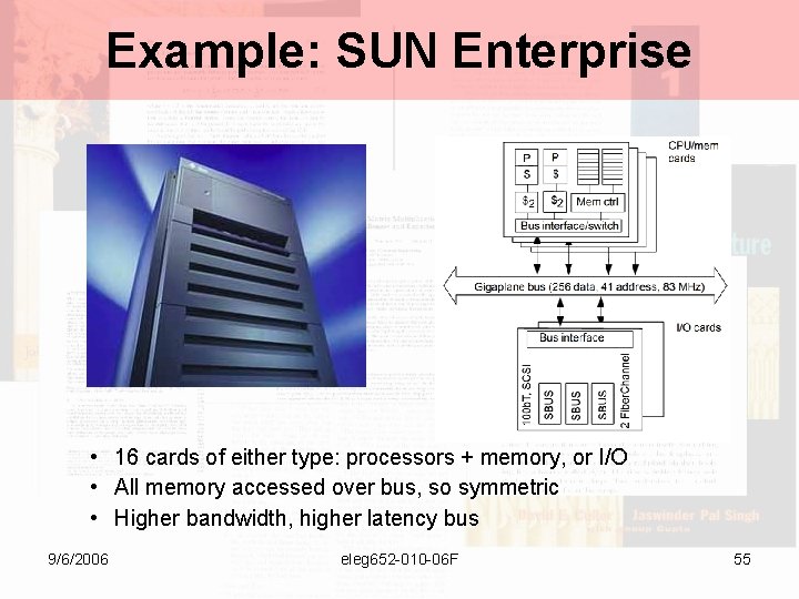 Example: SUN Enterprise • 16 cards of either type: processors + memory, or I/O