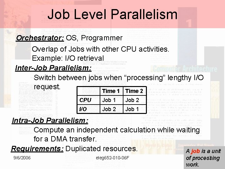 Job Level Parallelism Orchestrator: OS, Programmer Overlap of Jobs with other CPU activities. Example: