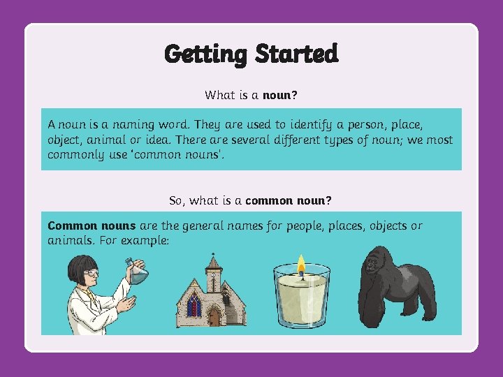 Getting Started What is a noun? A noun is a naming word. They are