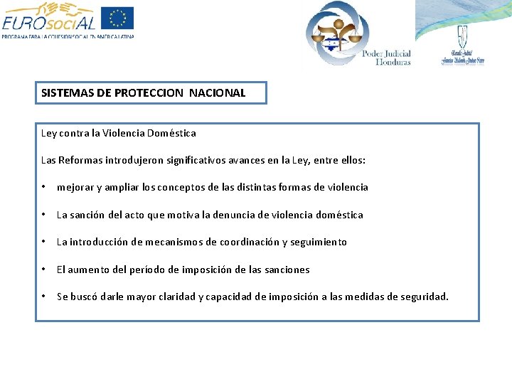 SISTEMAS DE PROTECCION NACIONAL Ley contra la Violencia Doméstica Las Reformas introdujeron significativos avances