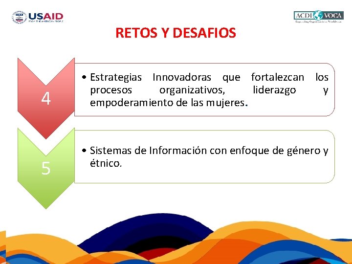RETOS Y DESAFIOS 4 5 • Estrategias Innovadoras que fortalezcan los procesos organizativos, liderazgo