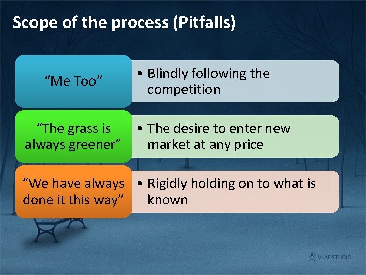 Scope of the process (Pitfalls) “Me Too” • Blindly following the competition “The grass