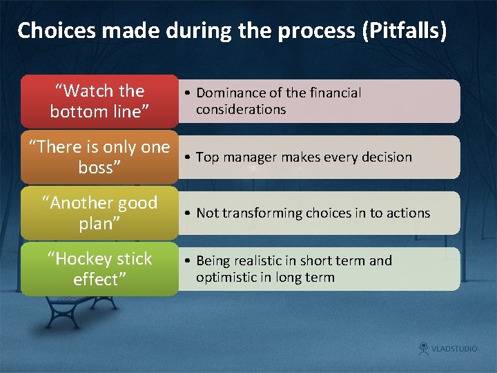 Choices made during the process (Pitfalls) “Watch the bottom line” • Dominance of the