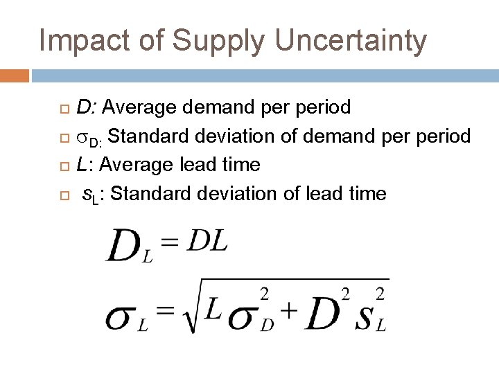 Impact of Supply Uncertainty D: Average demand period D: Standard deviation of demand period