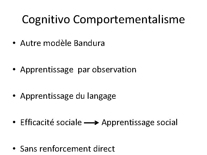 Cognitivo Comportementalisme • Autre modèle Bandura • Apprentissage par observation • Apprentissage du langage