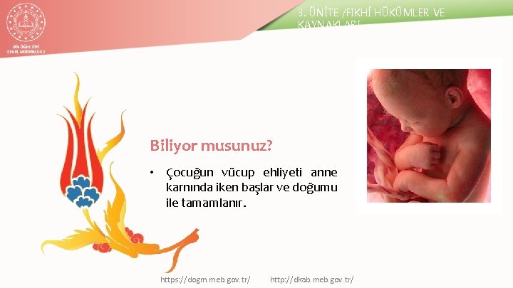 3. ÜNİTE /FIKHİ HÜKÜMLER VE KAYNAKLARI Biliyor musunuz? • Çocuğun vücup ehliyeti anne karnında