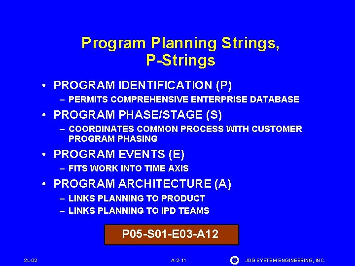 Program Planning Strings, P-Strings • PROGRAM IDENTIFICATION (P) – PERMITS COMPREHENSIVE ENTERPRISE DATABASE •