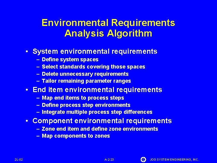 Environmental Requirements Analysis Algorithm • System environmental requirements – – Define system spaces Select