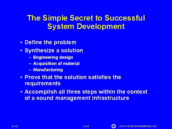 The Simple Secret to Successful System Development • Define the problem • Synthesize a