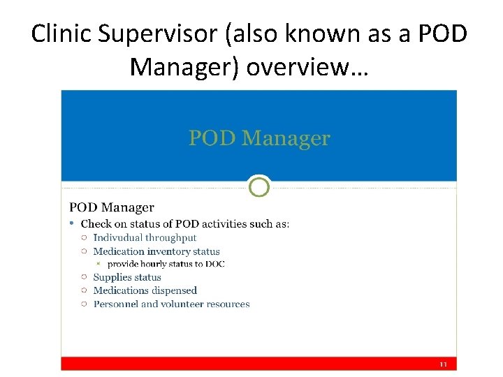 Clinic Supervisor (also known as a POD Manager) overview… 