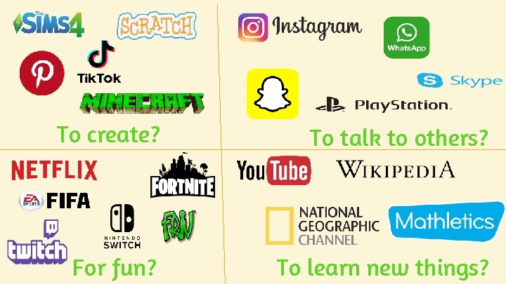 To create? To talk to others? For fun? To learn new things? To create? To talk to others? For fun? To learn new things?