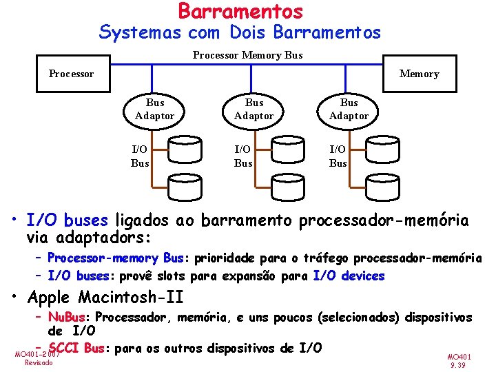 Barramentos Systemas com Dois Barramentos Processor Memory Bus Adaptor I/O Bus Adaptor I/O Bus