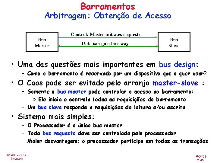 Barramentos Arbitragem: Obtenção de Acesso Control: Master initiates requests Bus Master Data can go