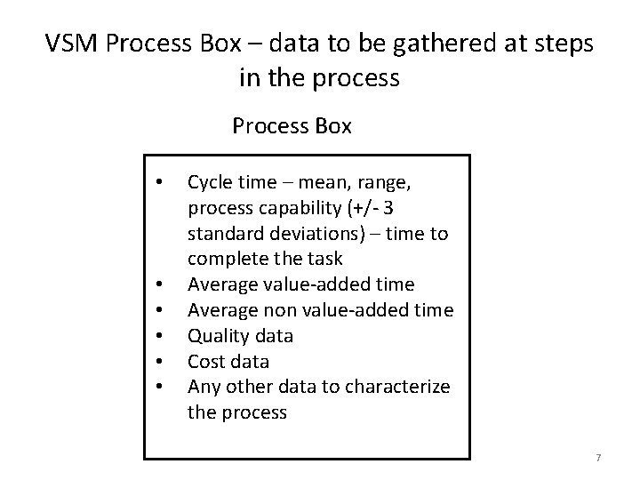 VSM Process Box – data to be gathered at steps in the process Process VSM Process Box – data to be gathered at steps in the process Process