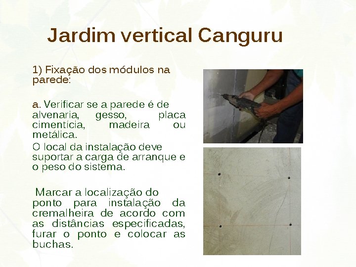 Jardim vertical Canguru 1) Fixação dos módulos na parede: a. Verificar se a parede