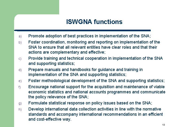 ISWGNA functions a) b) c) d) e) f) g) h) Promote adoption of best ISWGNA functions a) b) c) d) e) f) g) h) Promote adoption of best